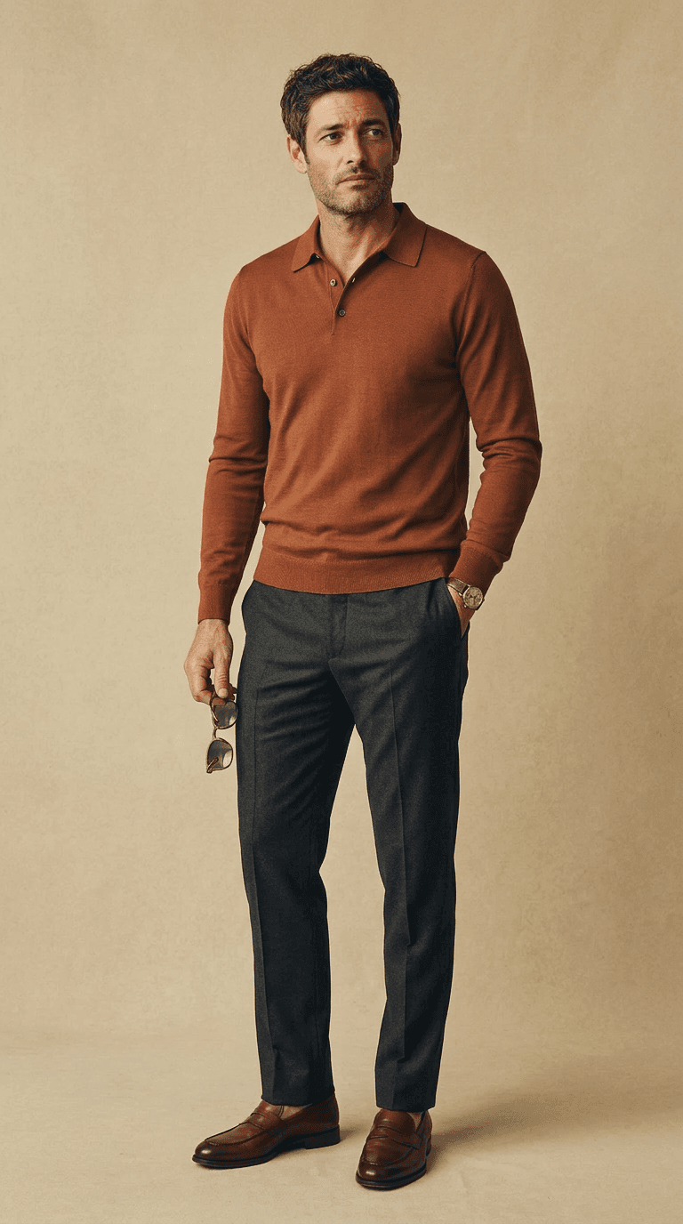 Relaxed polish — Rust merino polo, charcoal wool trousers, brown leather loafers, brass watch.
